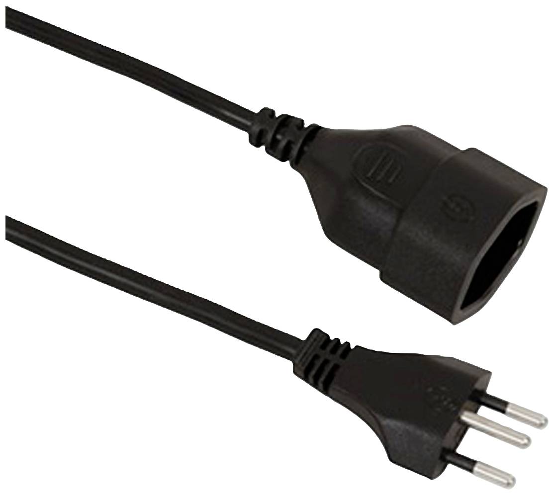 Čiernobiely sieťový kábel s trojpólovým zástrčkou a zásuvkou. Používa sa na elektrické prepojenie medzi zariadeniami a elektrickými zásuvkami.