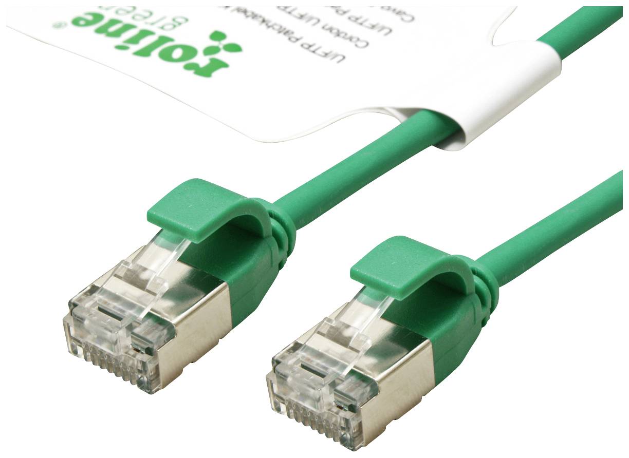 Zelený ethernetový kábel s RJ45 konektormi. Vľavo hore je viditeľné logo 'Online'.
