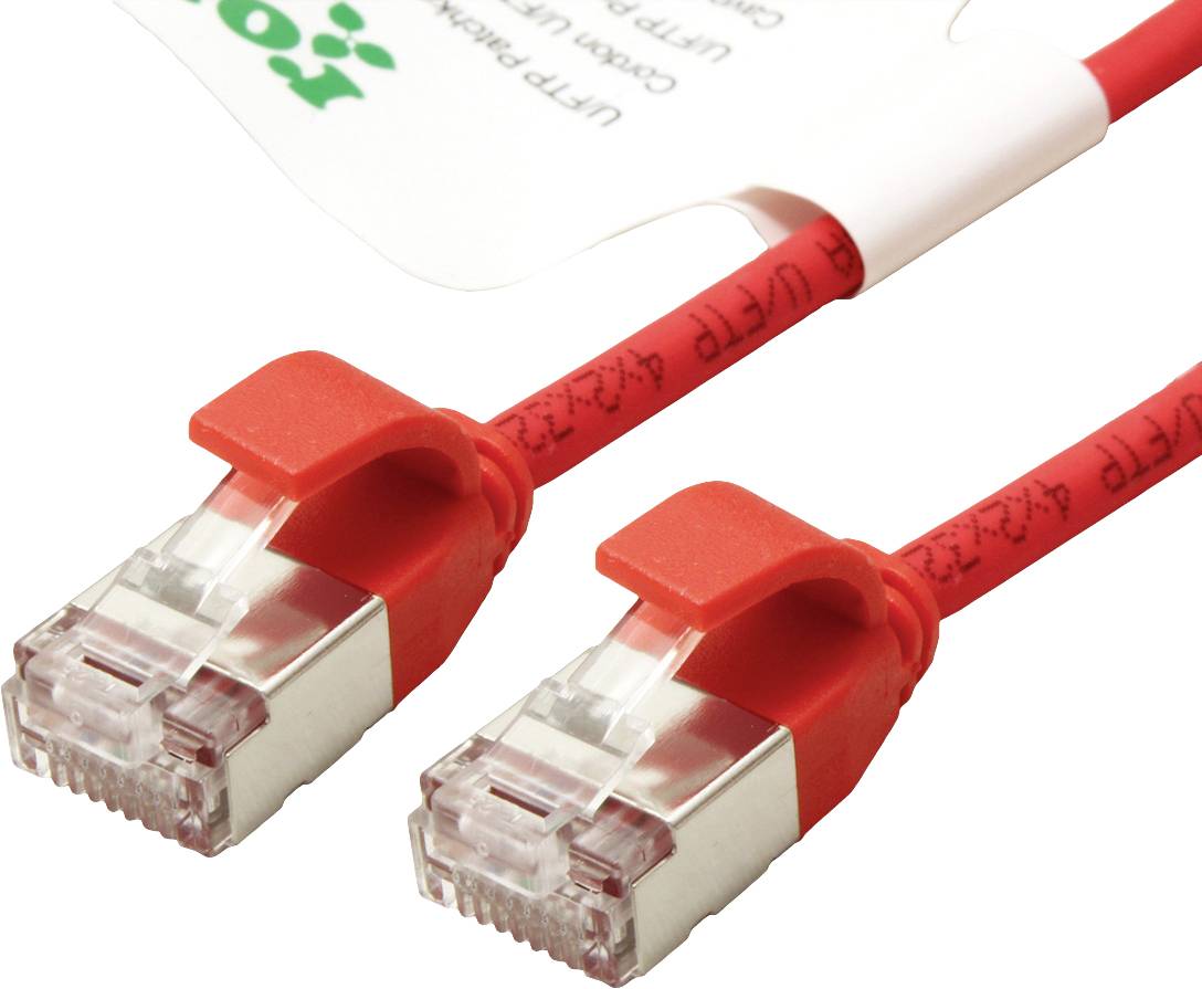 Dva červené ethernetové káble s priehľadnými konektormi, ktoré ležia vedľa seba.