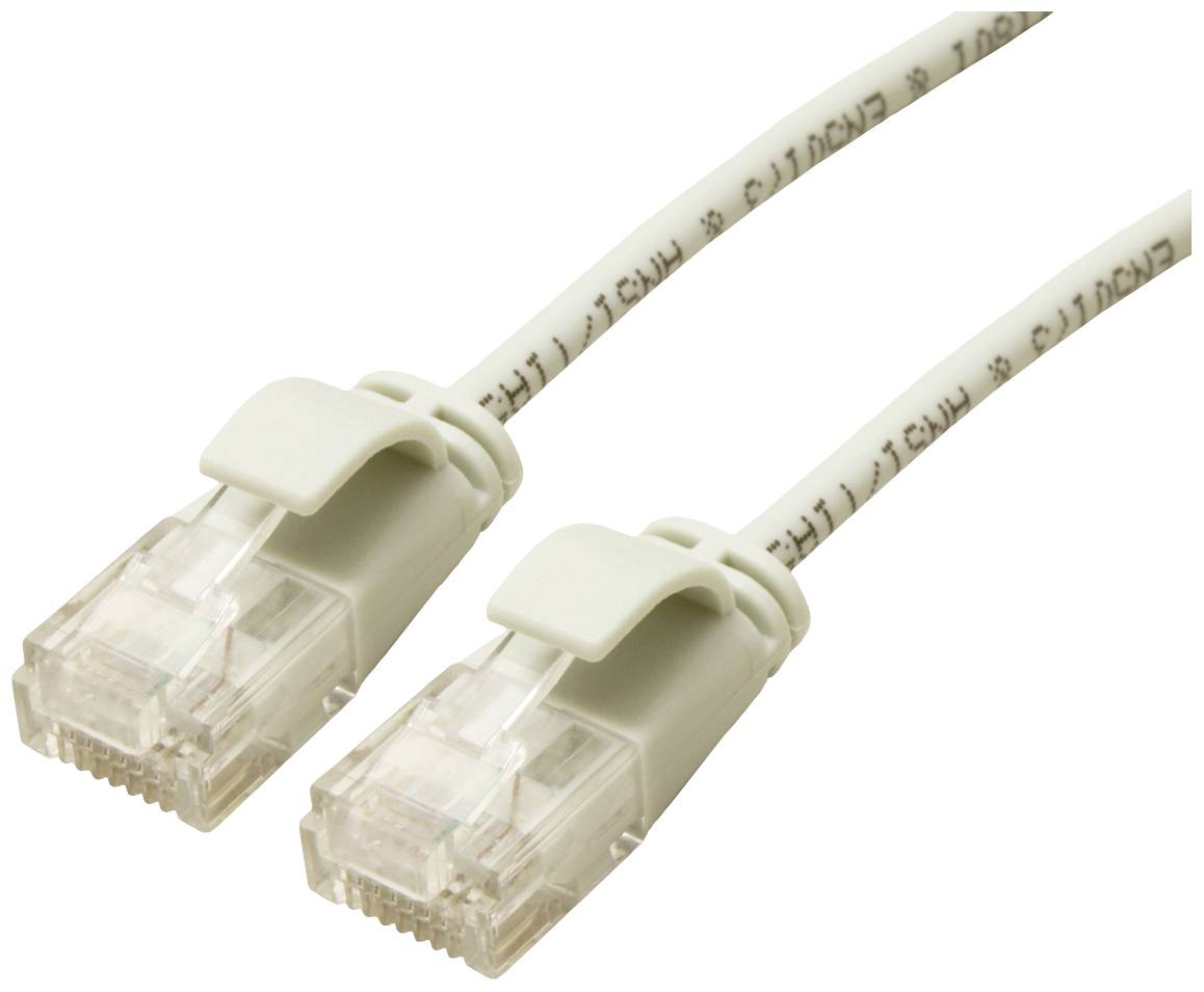 Biely ethernetový kábel s dvomi RJ45 konektormi.