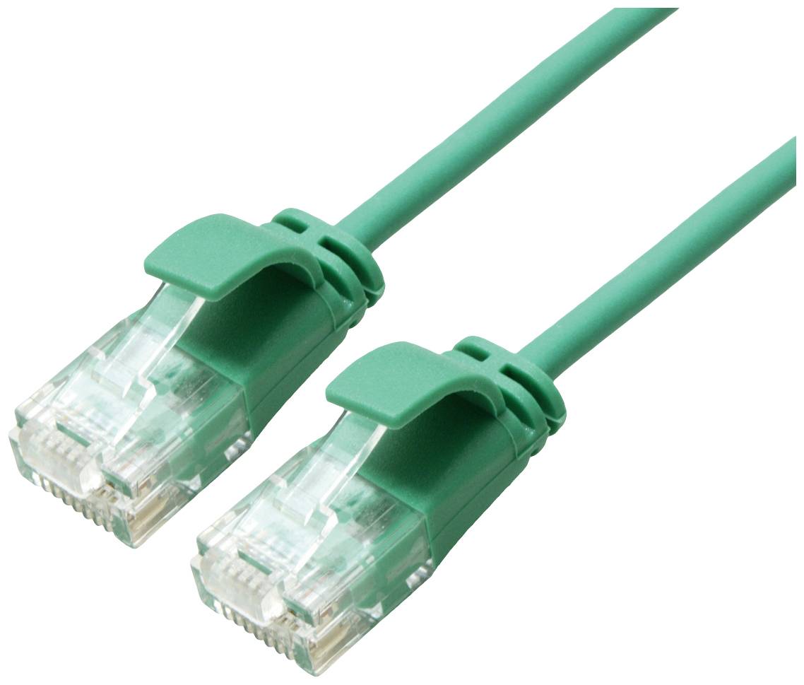 Dva zelené ethernetové konektory so transparentnými plastovými koncami a zámkom na bielom pozadí.