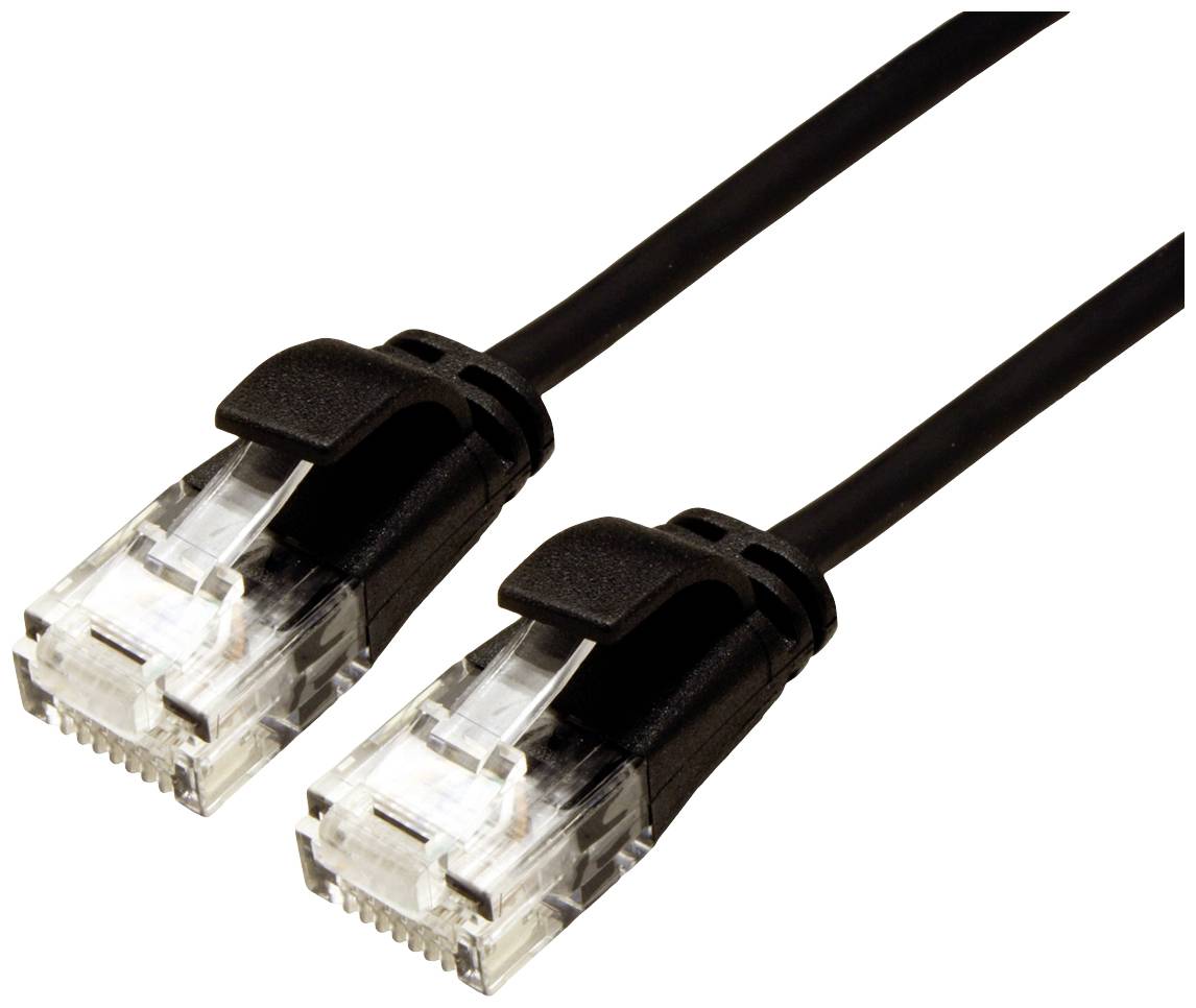 Čierny ethernetový kábel s dvomi RJ45 konektormi na koncoch, vhodný pre sieťové pripojenia.