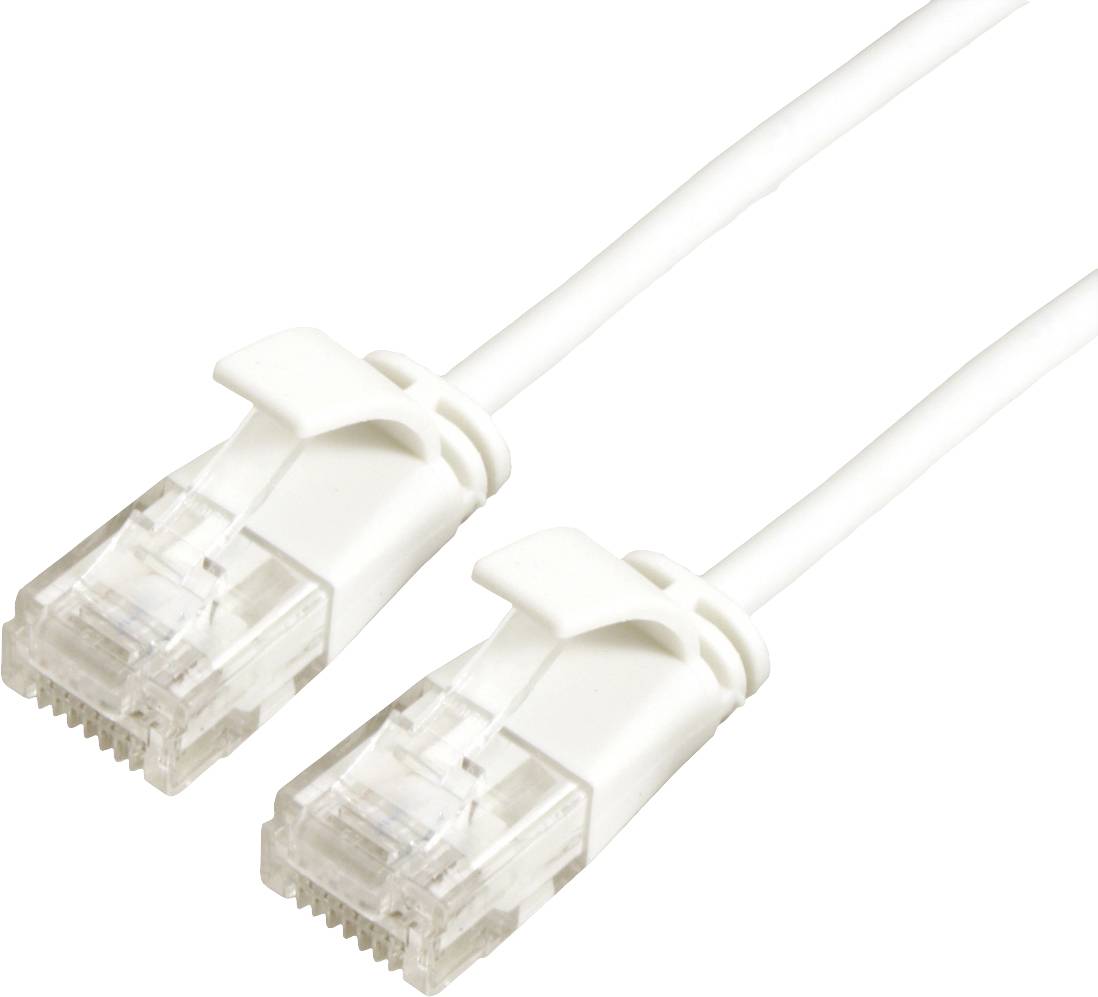 Biely ethernetový kábel s dvoma RJ45 konektormi, ktoré sa používajú na sieťové pripojenia.