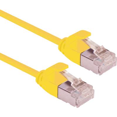 Žltý ethernetový kábel s dvoma RJ45 konektormi na koncoch je zobrazený. Často sa používa pre sieťové pripojenia.