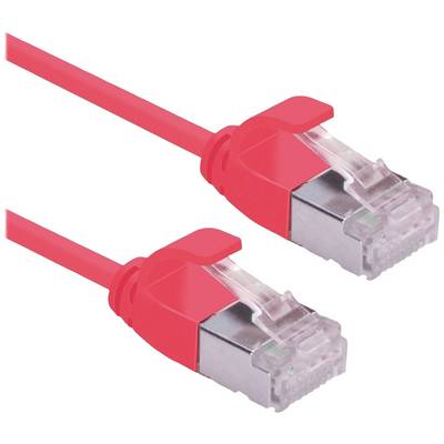 Červený sieťový kábel s RJ45 konektormi na oboch koncoch, vhodný pre ethernetové pripojenia v počítačových sieťach.
