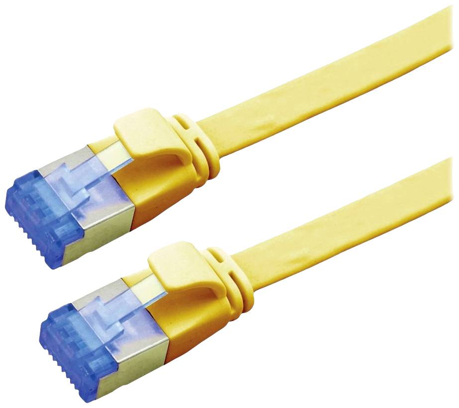 Dva žlté ethernetové káble s modrými konektormi na bielom pozadí.
