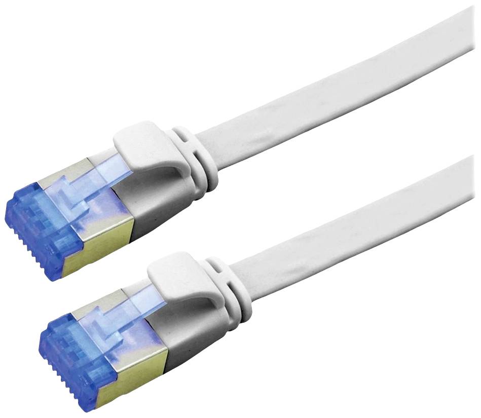 Dva biele ethernetové káble s modrými konektormi, ktoré sa používajú na sieťové pripojenie.
