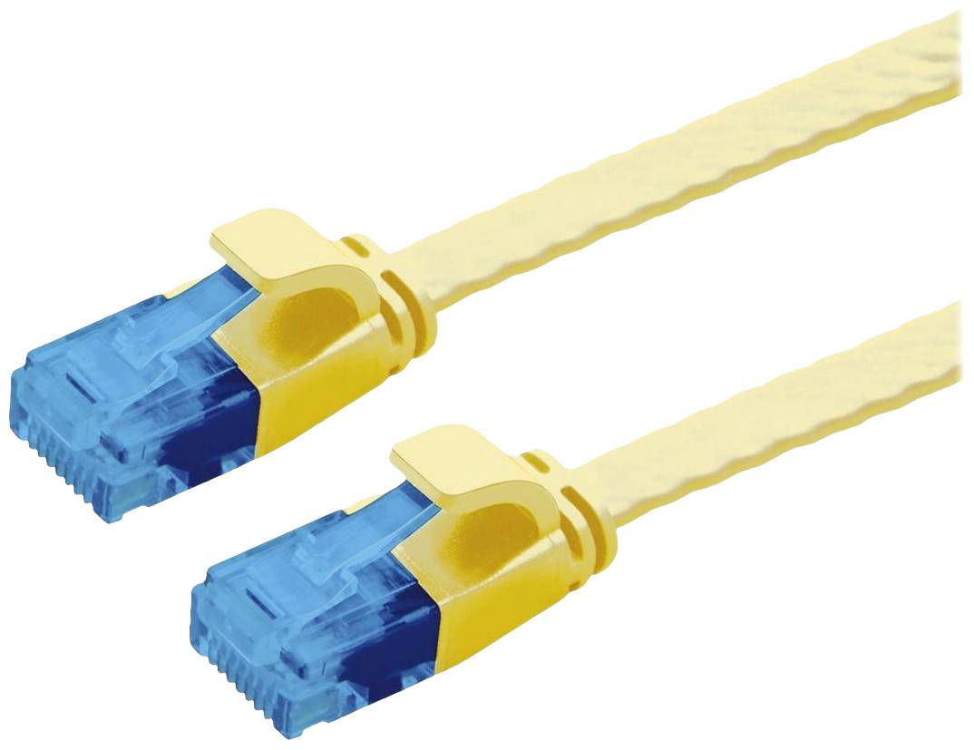 Dva žlté ethernetové káble s modrými konektormi ležia vedľa seba.