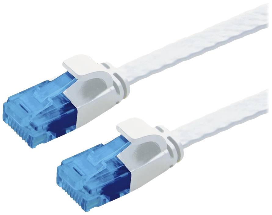 Dva modré konce ethernetových káblov s bielymi plášťami, umiestnené vedľa seba, používané na prenos dát.