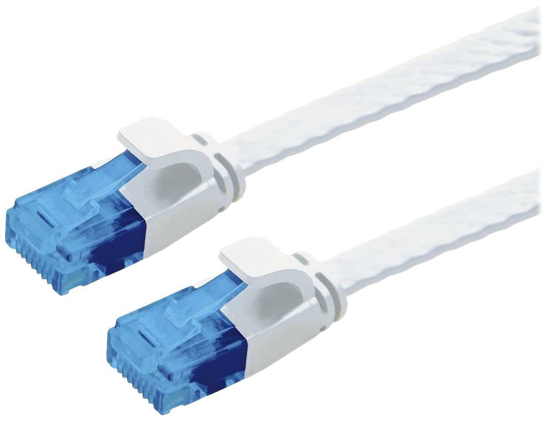 Dva ethernetové káble s modrými konektormi a bielymi vodičmi.