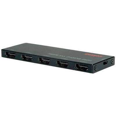 Čierny HDMI rozbočovač s piatimi HDMI výstupmi, vhodný na distribúciu HDMI signálu na viaceré displeje.