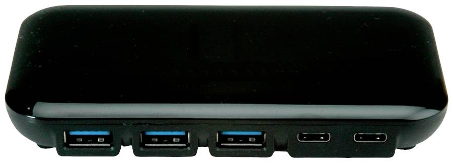 Čierny USB hub s dvoma USB-A a dvoma USB-C portami, pohľad spredu.