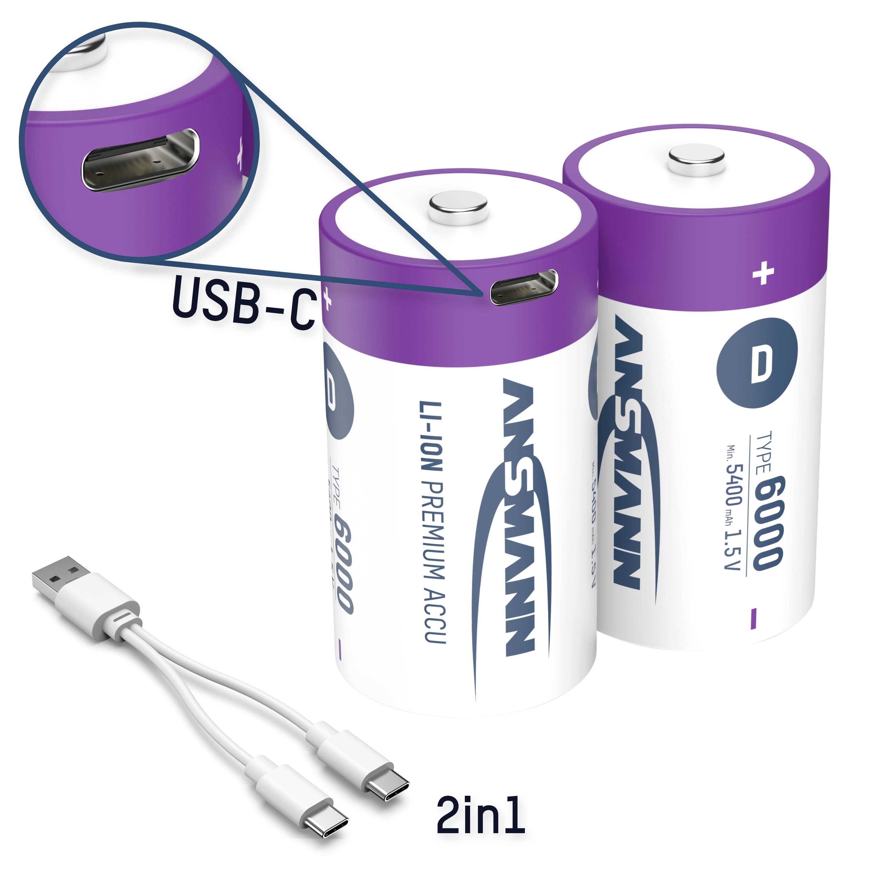 Ansmann LR20 USB-C Batteria ricaricabile Torcia (D) Li-Ion 6000 mAh 1.5 V 2 pz.