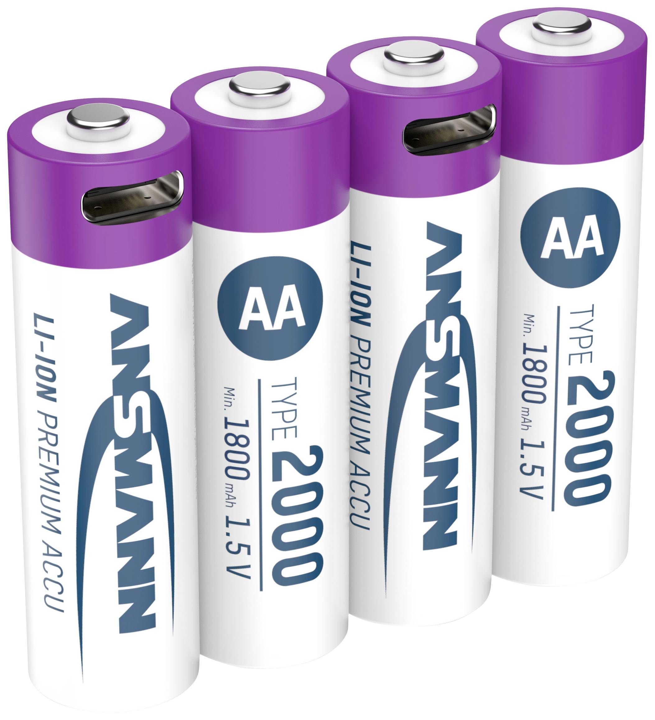 Štyri AA lítiovo-iónové batérie značky Ansmann s kapacitou 2000 mAh a napätím 1,5V, vo fialovej a bielej farbe.