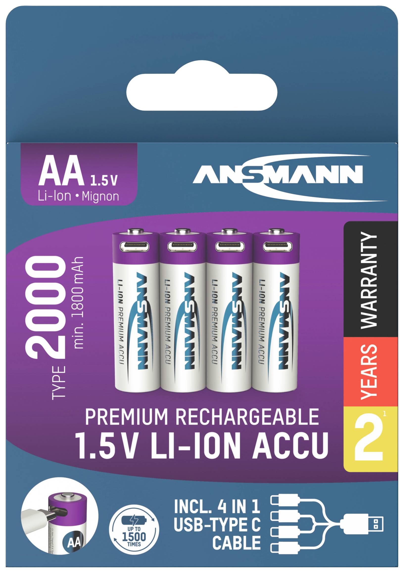 'Ansmann nabíjateľné 1,5V AA lítiovo-iónové batérie, typ 2000, balenie po 4 kusy, vrátane USB-C kábla, 2-ročná záruka.'