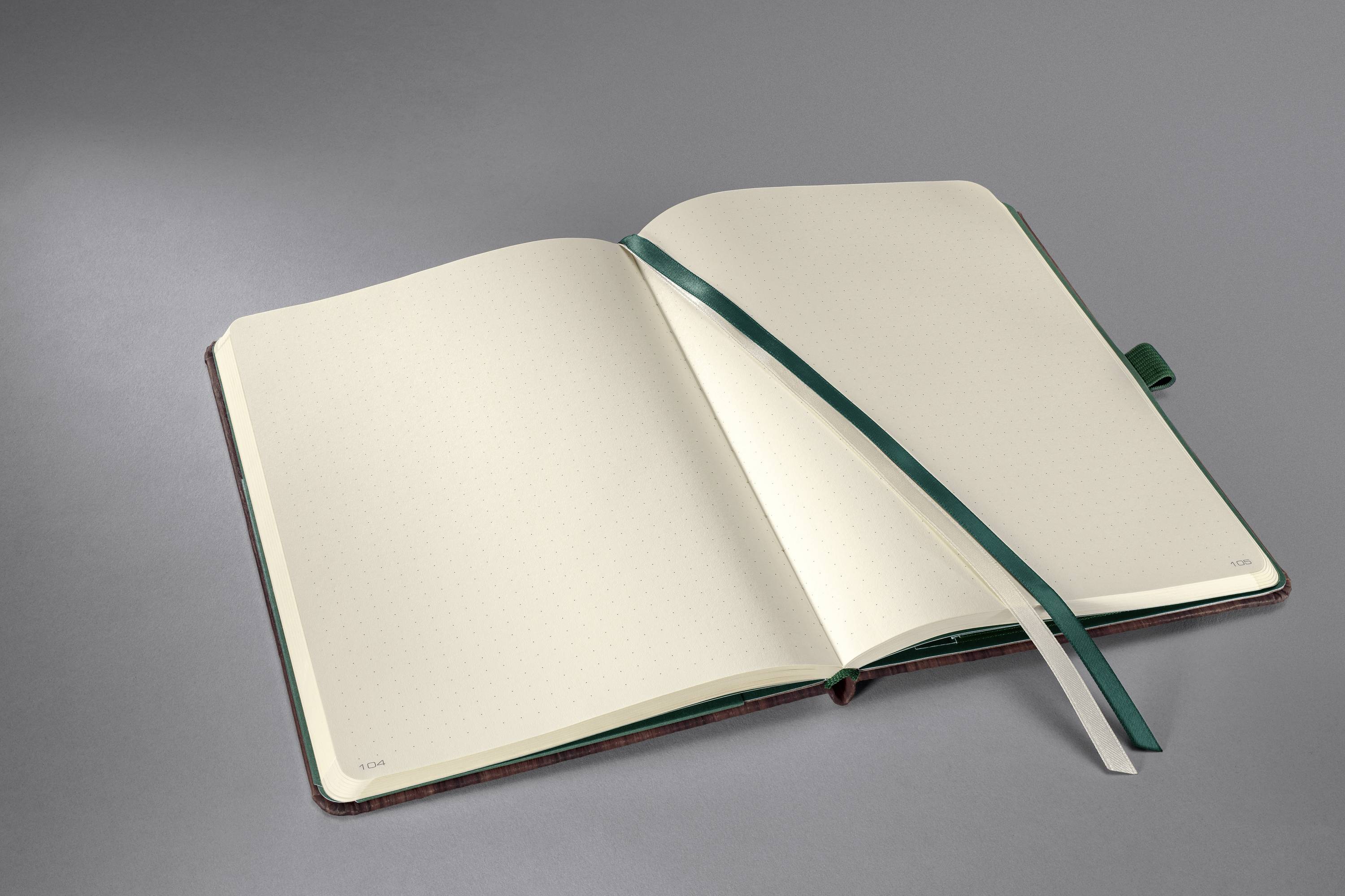 Otvorený notes so štyrmi záložkami na sivom pozadí.