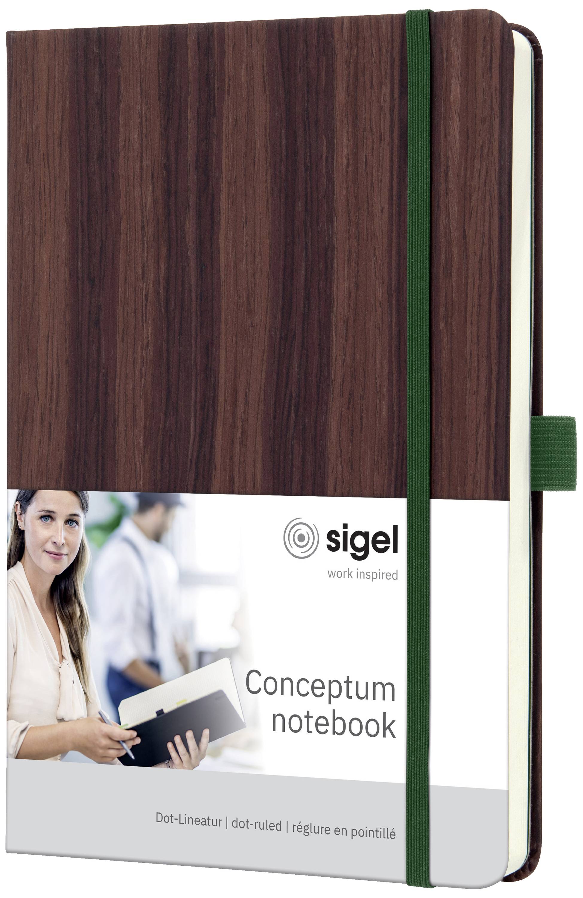 Poznámkový zošit s dizajnom dreva, s elastickou uzatváracou páskou a štítkom na pomenovanie 'Conceptum notebook' od značky sigel.