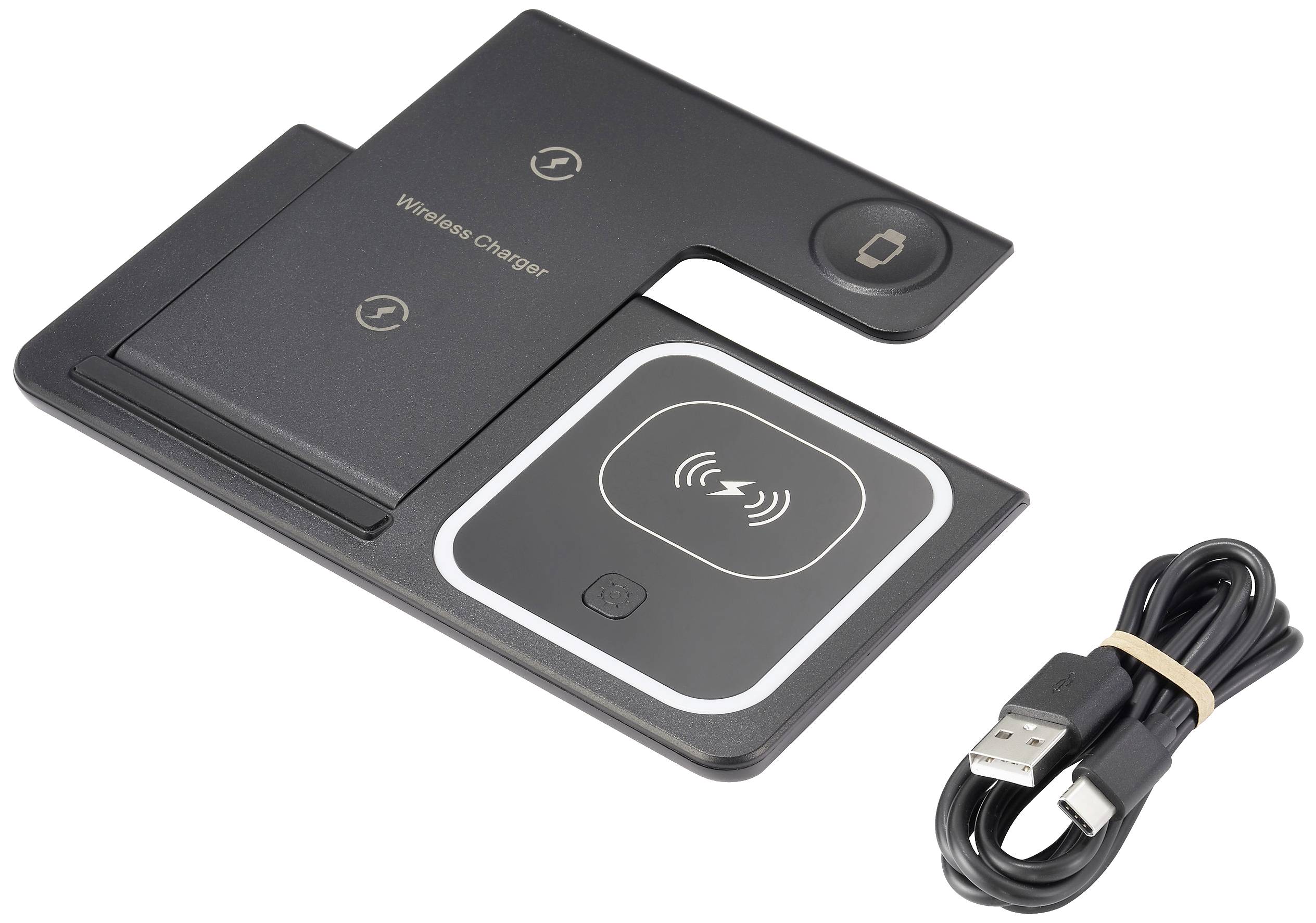 Prenosná, čierno-sivá, bezdrôtová nabíjacia stanica s miestom pre smartfón a AirPods. USB kábel je súčasťou balenia.