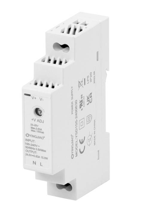 Elektronické zariadenie vo formáte DIN lišty. Označené vstupnými a výstupnými údajmi: Vstup 110-240V, Výstup 24V, 0,63A, 15W.