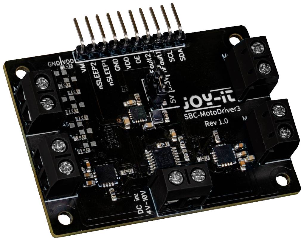 Joy-It SBC-MotoDriver3 Rev 1.0 doska motorového ovládača s viacerými konektormi a čiernymi elektronickými súčiastkami.