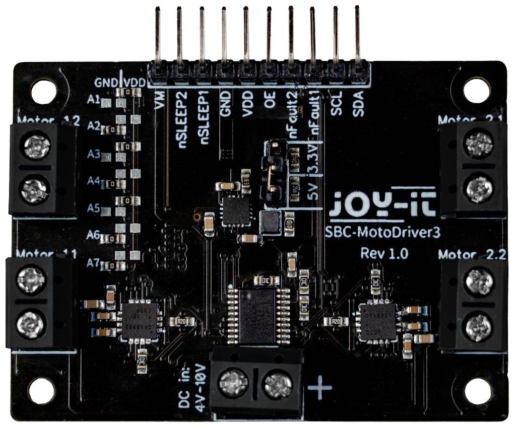 Elektronická riadiaca doska s nápisom 'joy-it SBC-MotoDriver3 Rev 1.0' zobrazuje niekoľko konektorov a elektrických obvodov.