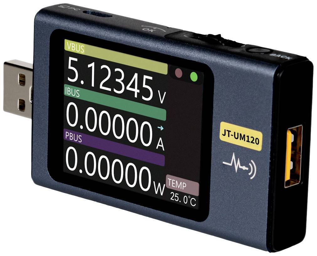 USB merací prístroj zobrazuje na displeji 'VBUS 5.12345 V', 'IBUS 0.00000 A', 'PBUS 0.00000 W' a 'TEMP 25.0 °C'.