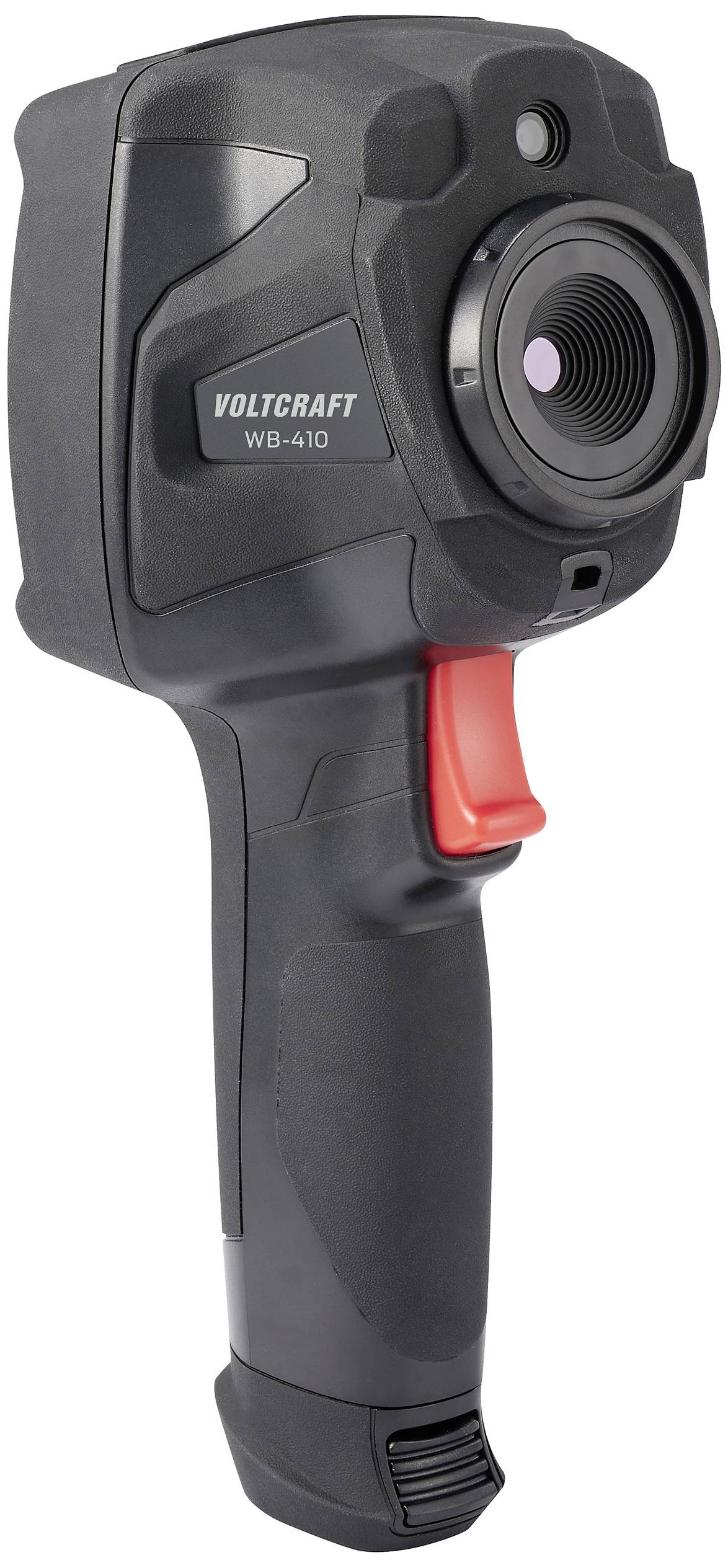 Ručný teplomer s displejom a červeným tlačidlom, značka 'Voltcraft WB-410'. Zariadenie na meranie teploty v priemyselných aplikáciách.