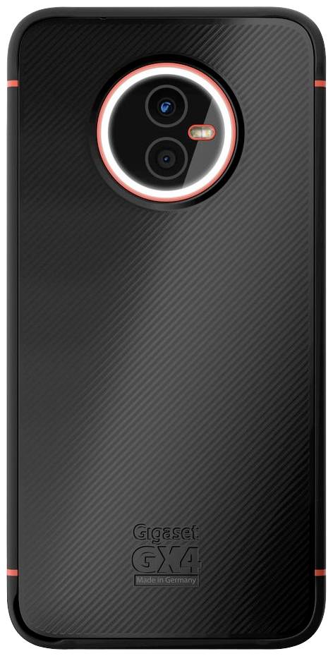 Čierny smartfón s červeným akcentom, vertikálnym usporiadaním kamery a nápisom 'Gigaset GX4 Made in Germany' na zadnej strane.