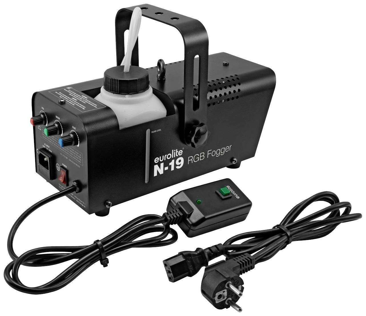 Hmlovač Eurolite N-19 RGB s káblovým diaľkovým ovládačom, vhodný pre javiskové efekty a osvetlenie, s farebnými a zmiešavacími funkciami.