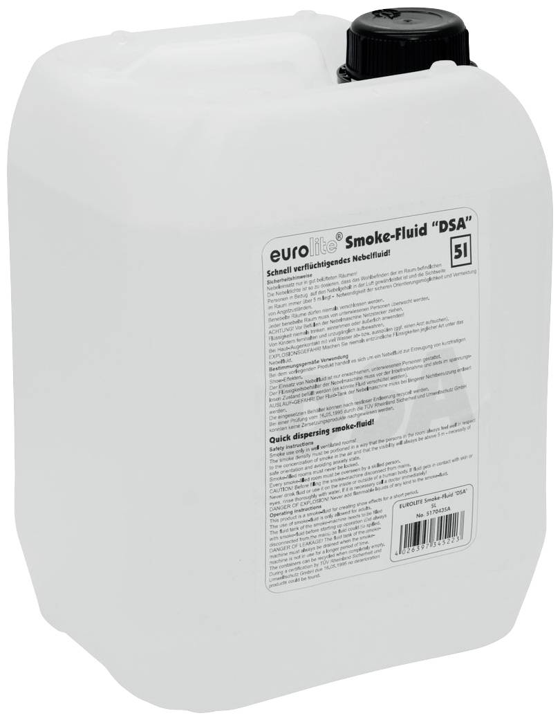 Kanister s 5 litrami tekutiny 'Eurolite Smoke-Fluid DSA'. Čierny uzáver, podrobné informácie o produkte na etikete.