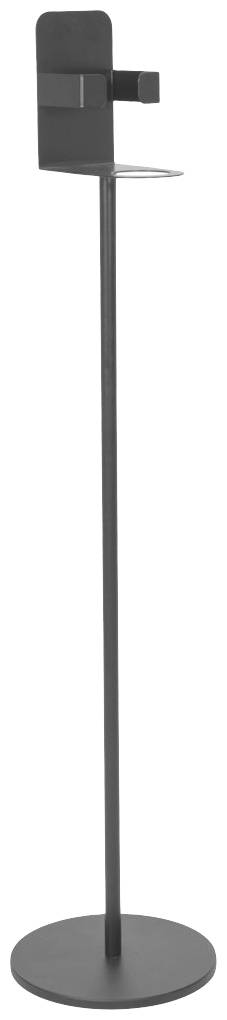 Čierny, štíhly stojan s držiakom na vrchu, vhodný pre dávkovače dezinfekčných prostriedkov alebo podobné použitia.