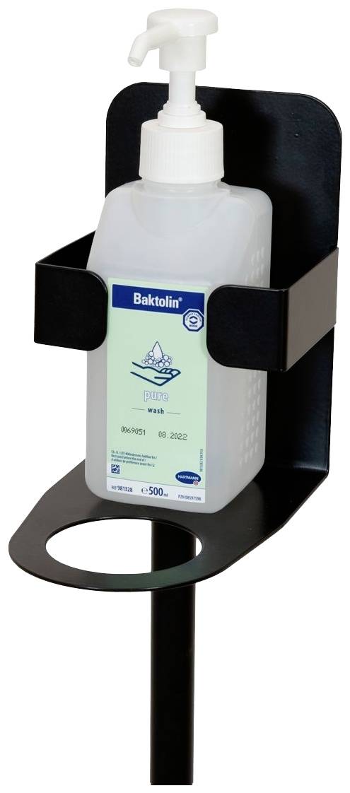 Dávkovač dezinfekčného prostriedku BaktoLin na dezinfekciu rúk, namontovaný na nástennom držiaku na hygienickú dezinfekciu rúk.
