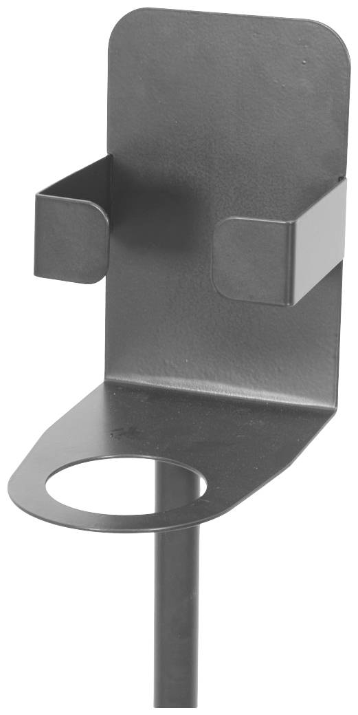 Kovový držiak namontovaný na tyči, s okrúhlym otvorom na spodnej strane a dvoma bočnými úchytmi na hornej strane.