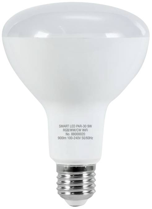Biela inteligentná LED žiarovka s nápisom 'SMART LED PAR-30 9W RGB/WW/CW WiFi', spotreba energie 900 lm, napätie 100-240V 50/60Hz.
