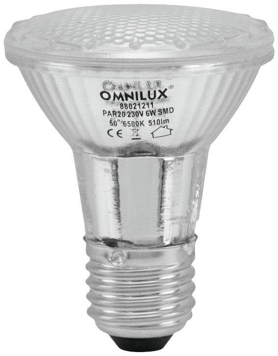 Priehľadná LED žiarovka so závitovým socketom, označená 'Omnilux', 6W, 230V, 6500K, 510 lm, s SMD technológiou.