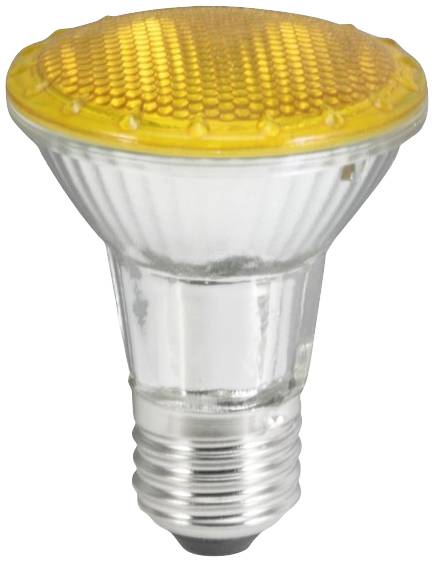 Žltá LED žiarovka so sockým E27 a reflexnou povrchovou úpravou. Je vhodná pre dekoratívne alebo akcentujúce osvetlenie.
