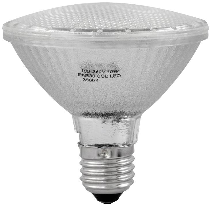 Žiarovka s päticou E27 s označením 'PAR30 COB LED 3000K'. Vhodná pre prevádzku s napätím 100-240V a výkonom 10W.
