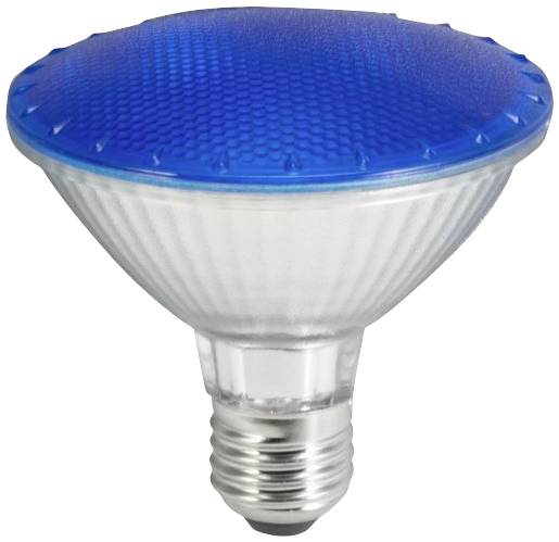 LED lampa so štruktúrovaným modrým sklom, vhodná pre farebné svetelné efekty.