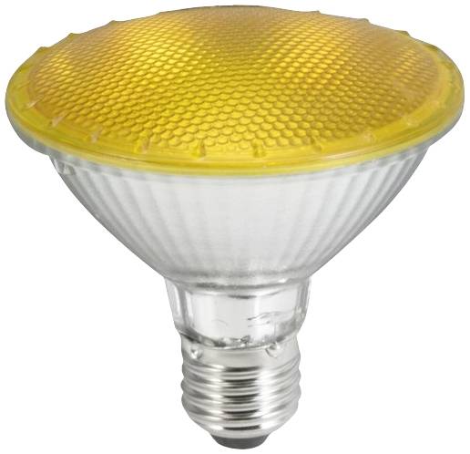 Žltá LED žiarovka so sockrom E27, vhodná pre systémy Philips Hue. Žiarovka má na povrchu vzor pripomínajúci včelí plást.
