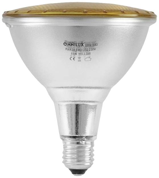 PAR38 LED žiarovka s päticou E27. Svetelné parametre: 230V, 15W, so žltkastým svetlom. Vhodná pre akcentové osvetlenie.