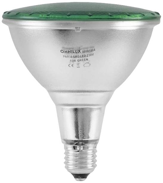 Strieborná LED lampa so zeleným zafarbeným sklom, značka Omnilux, určená pre PAR38 objímku. Energeticky úsporné svetelné riešenie.