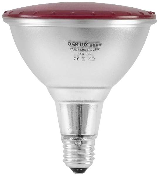 Červená LED žiarovka Omnilux typu PAR38, 15W, 230V, vhodná pre špeciálne svetelné aplikácie.