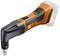 Oranžovo-čierne, bezdrôtové multifunkčné náradie s akumulátorom vzadu; vhodné pre stavebné a renovačné práce.