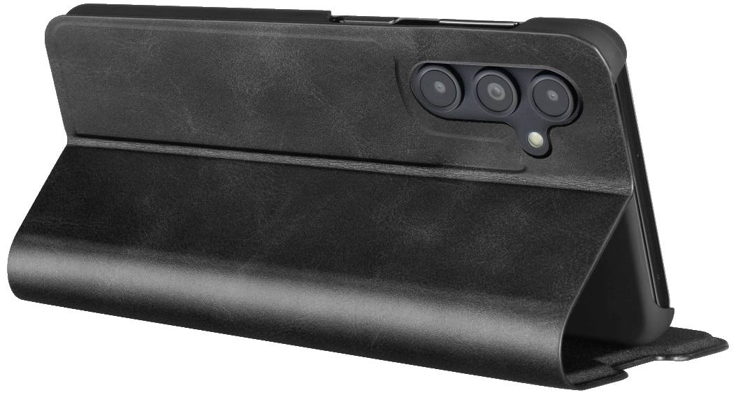 Čierny kožený obal na mobil s otvorom pre fotoaparát, pohľad zozadu.