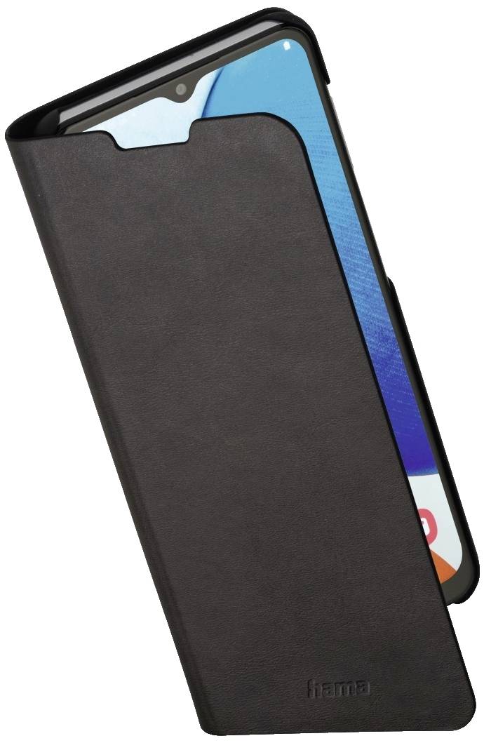 Smartfón v čiernom sklápateľnom obale. Displej je čiastočne viditeľný.