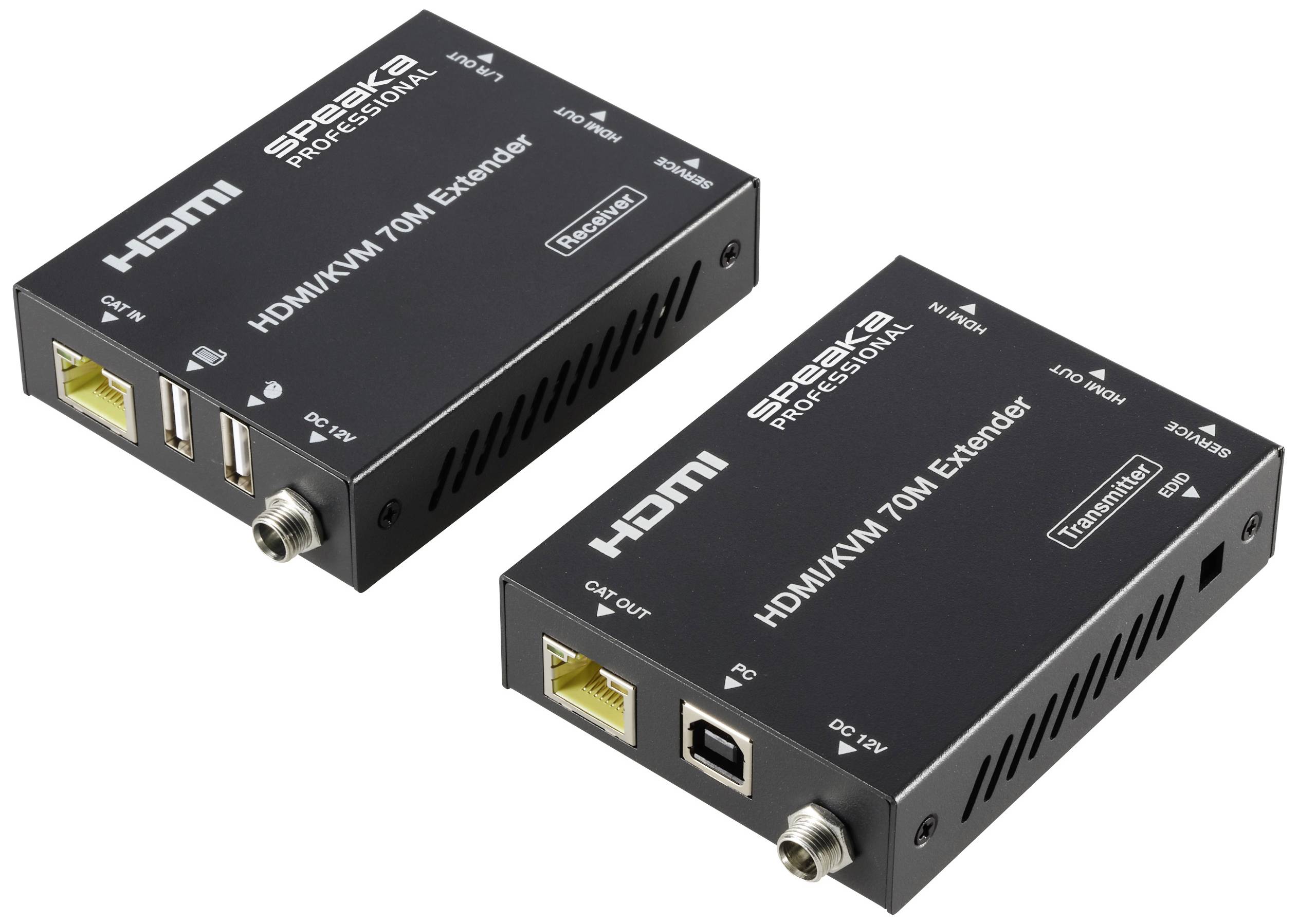 Dva čierne HDMI extendery, označené ako "vysielač" a "prijímač", slúžia na prenos HDMI signálov na väčšie vzdialenosti.