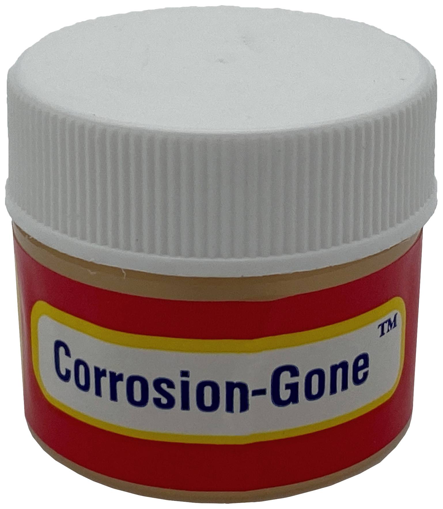 Červený kontajner s bielym vekom, označený nápisom 'Corrosion-Gone'. Produkt na odstraňovanie korózie.