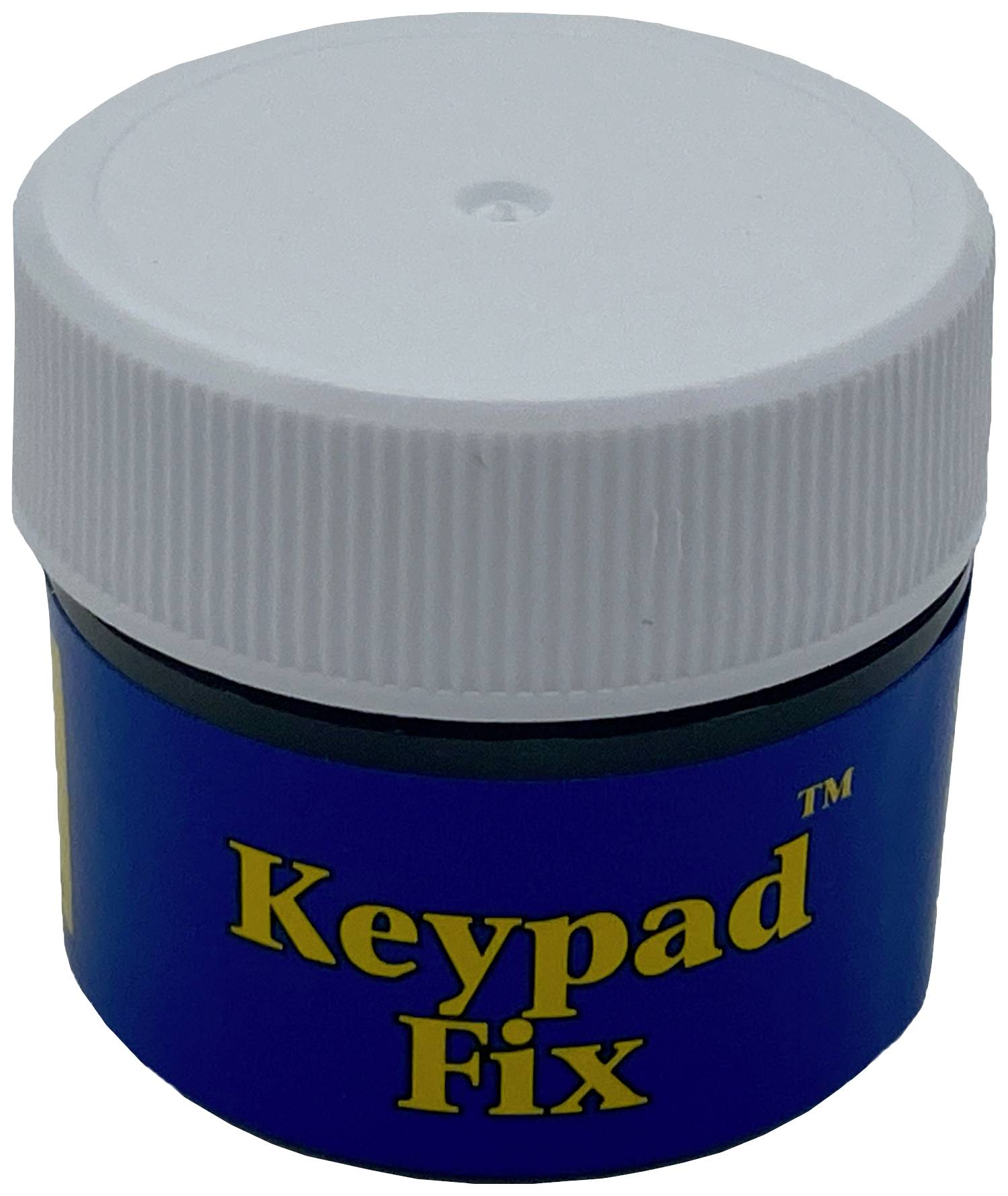 Malá modrá nádoba s bielym vekom, označená nápisom 'Keypad Fix'.