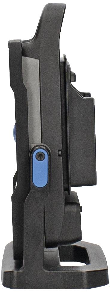 Bočný pohľad na čierne, stojacie zariadenie s modrými akcentmi.