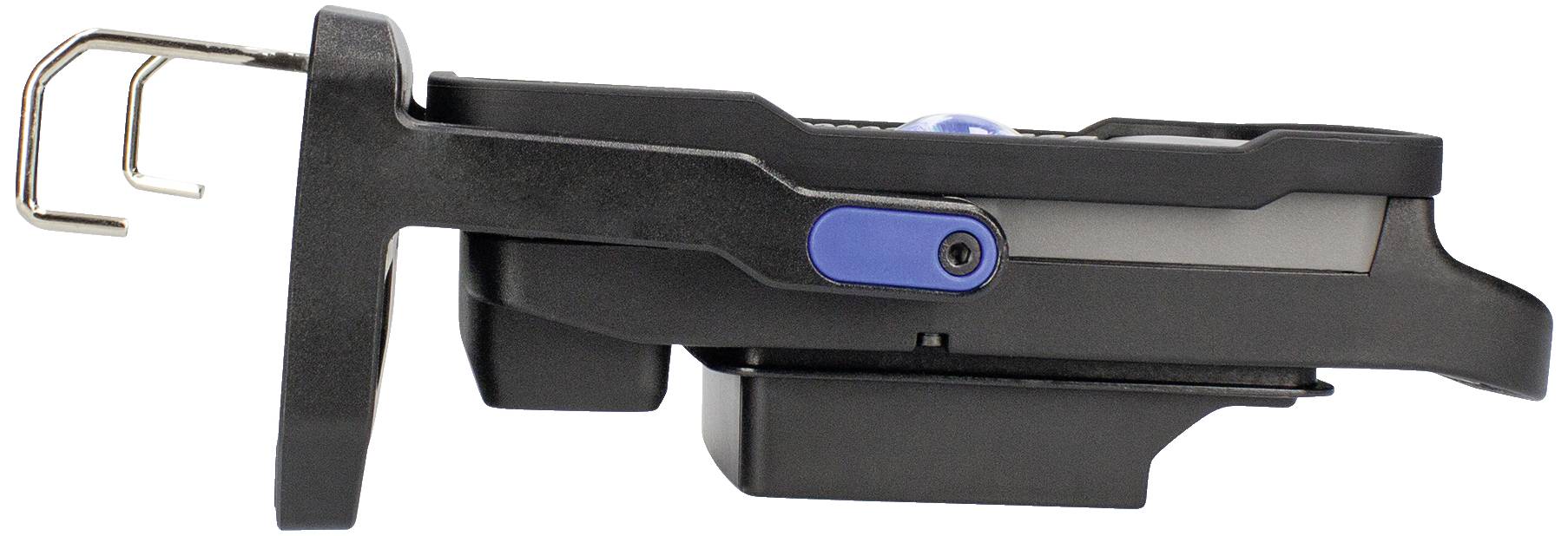 Pohľad z boku čierneho montážneho klipsu s modrou tlačidlovou časťou, kovovým hákom vľavo. Primárne vhodný pre priemyselné alebo technické použitie.
